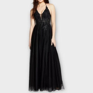 Blondie Nites Juniors Applique Halter Mesh Prom Formal Gown Dress  Black  SIZE 3